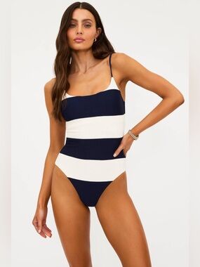 Beach Riot Navy and White Striped One-Piece Swimsuit Size Medium
